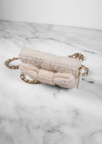 Chanel Ivory Tweed Mini Bow Bag With Gold Chain