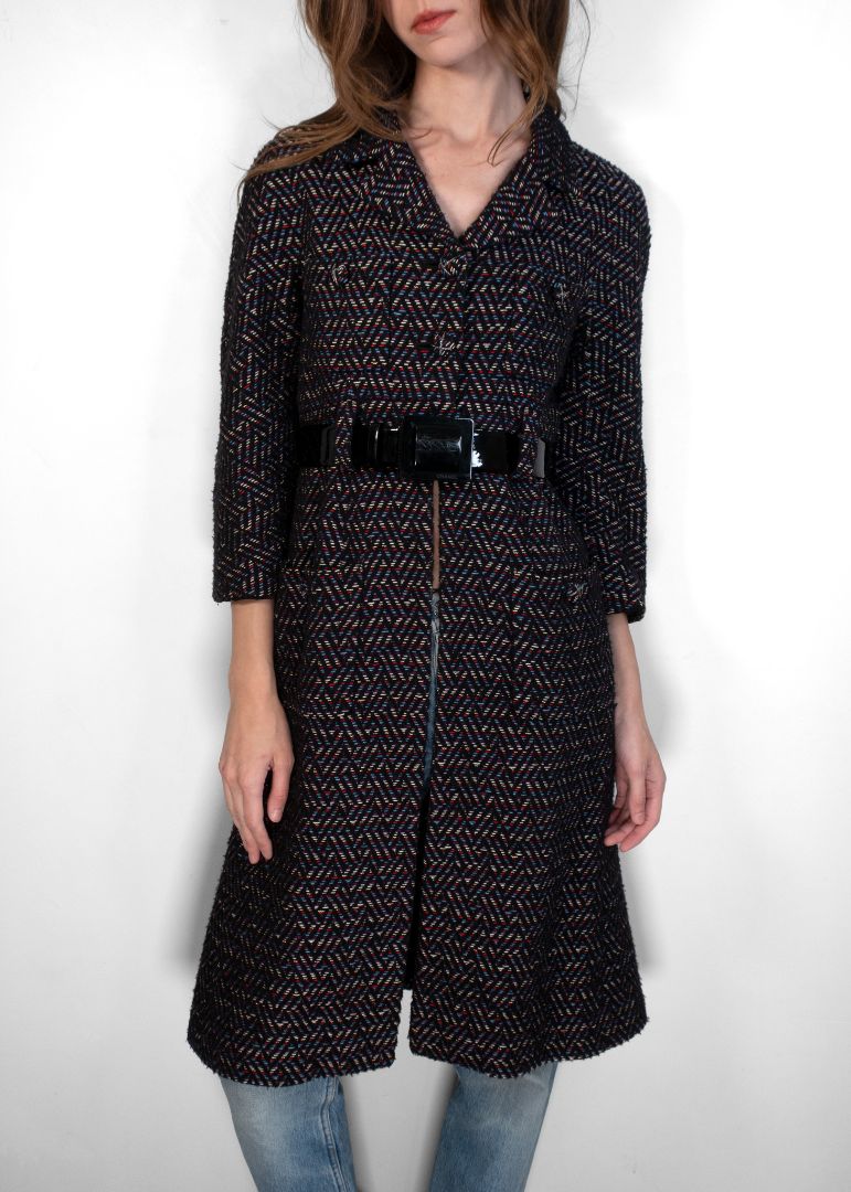 Chanel Navy Red And Blue Tweed Coat With Black Patent Leather Belt