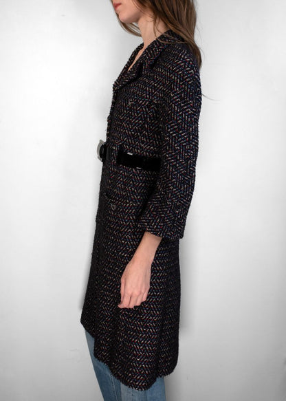 Chanel Navy Red And Blue Tweed Coat With Black Patent Leather Belt