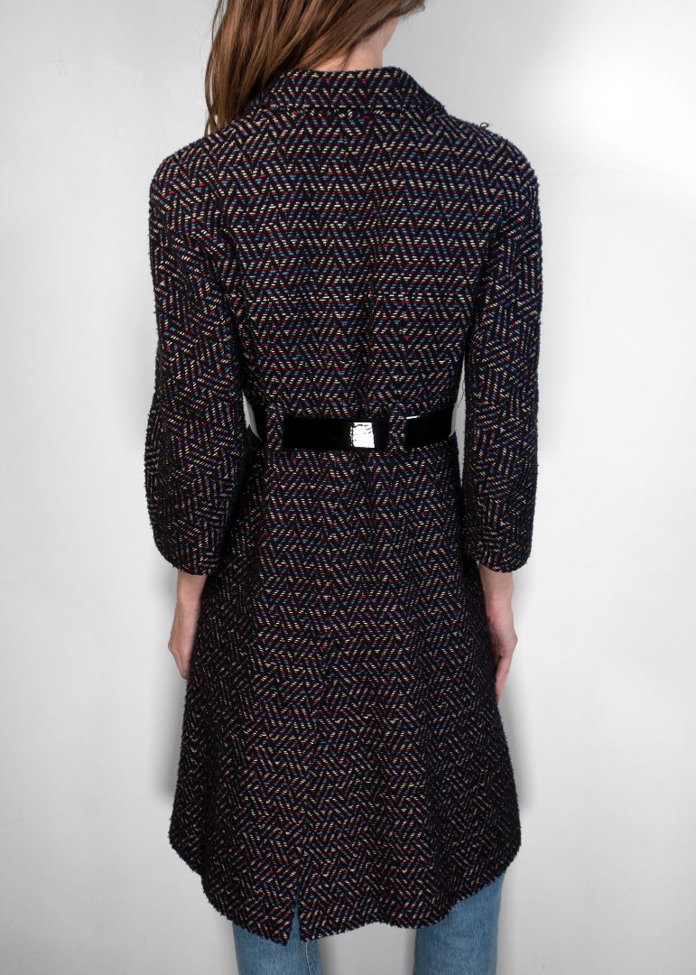 Chanel Navy Red And Blue Tweed Coat With Black Patent Leather Belt