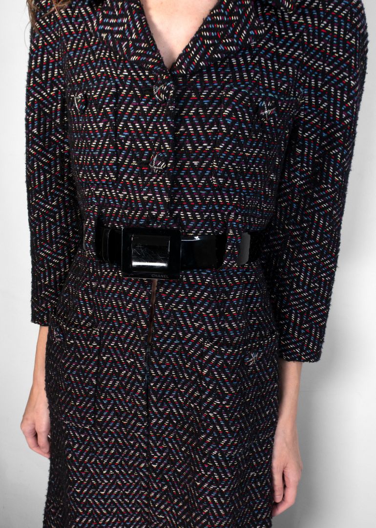 Chanel Navy Red And Blue Tweed Coat With Black Patent Leather Belt
