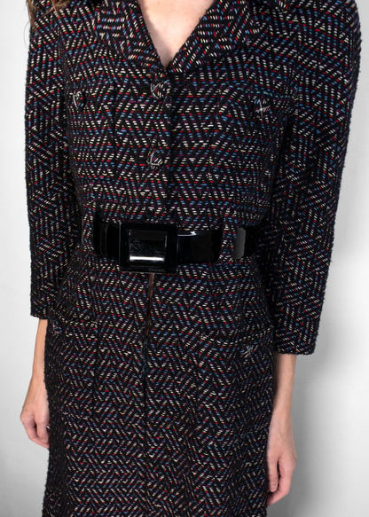 Chanel Navy Red And Blue Tweed Coat With Black Patent Leather Belt