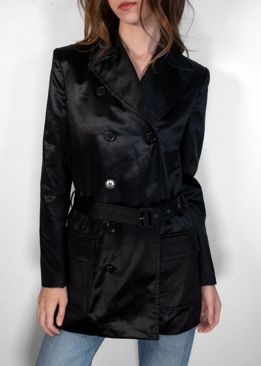Saint Laurent Black Satin Short Trench Coat With Belt