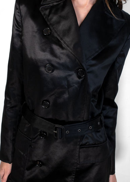 Saint Laurent Black Satin Short Trench Coat With Belt
