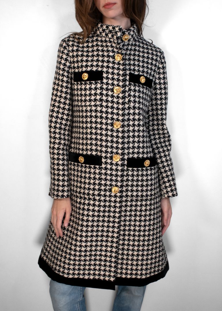 Gucci Black/White Houndstooth Print Coat With Gold Buttons