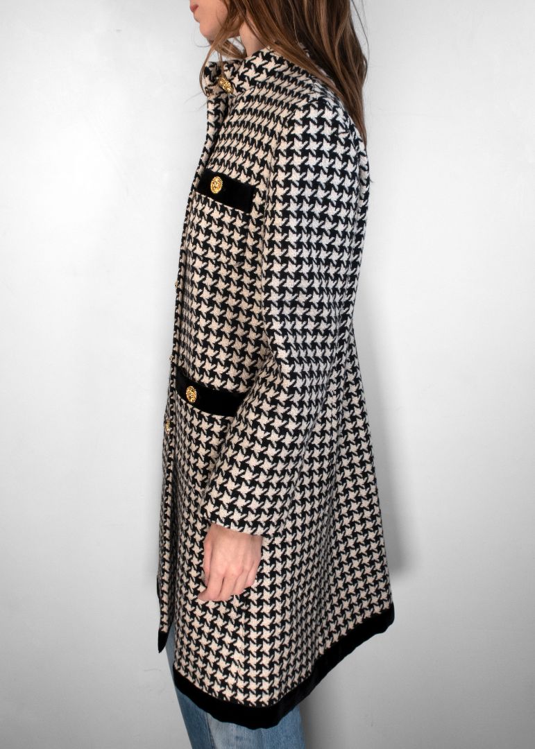 Gucci Black/White Houndstooth Print Coat With Gold Buttons
