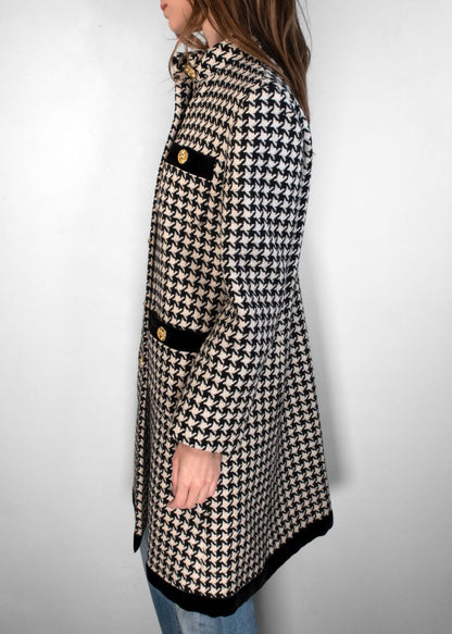 Gucci Black/White Houndstooth Print Coat With Gold Buttons