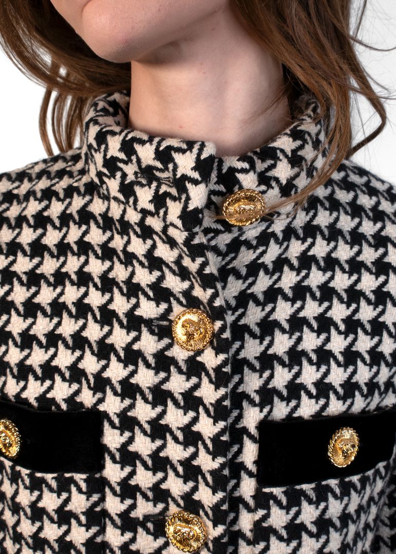Gucci Black/White Houndstooth Print Coat With Gold Buttons
