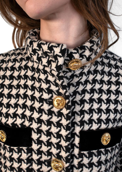 Gucci Black/White Houndstooth Print Coat With Gold Buttons
