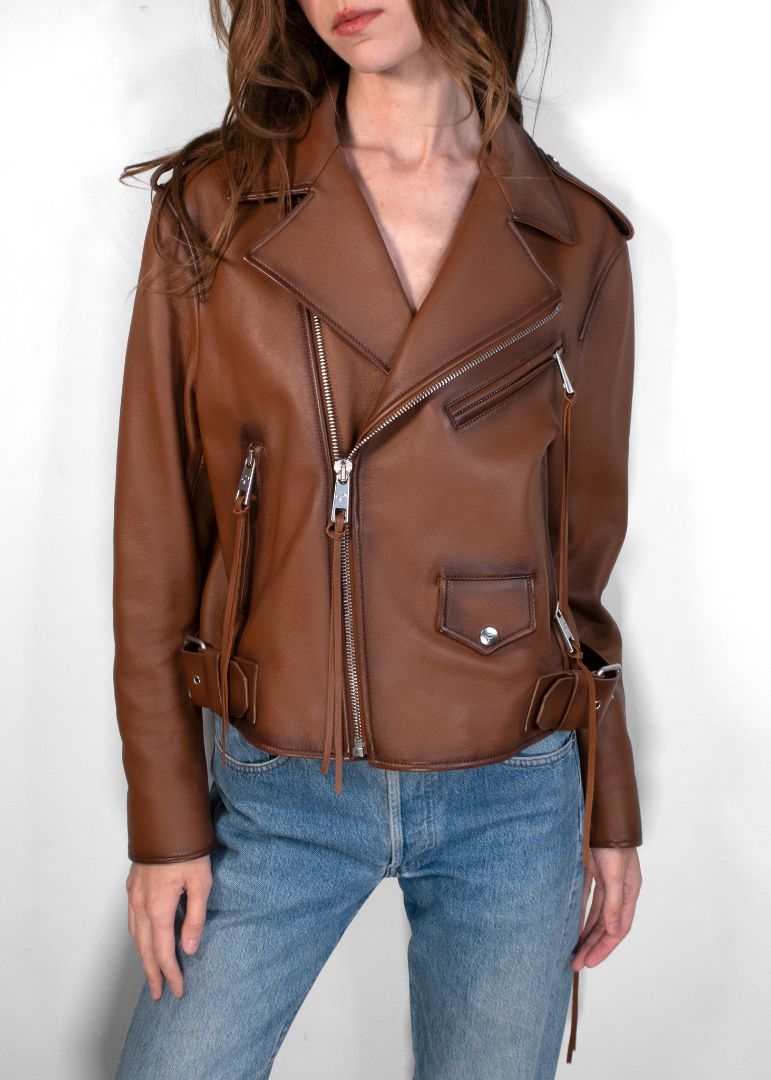 Common Leisure Distressed Brown Leather Biker Jacket