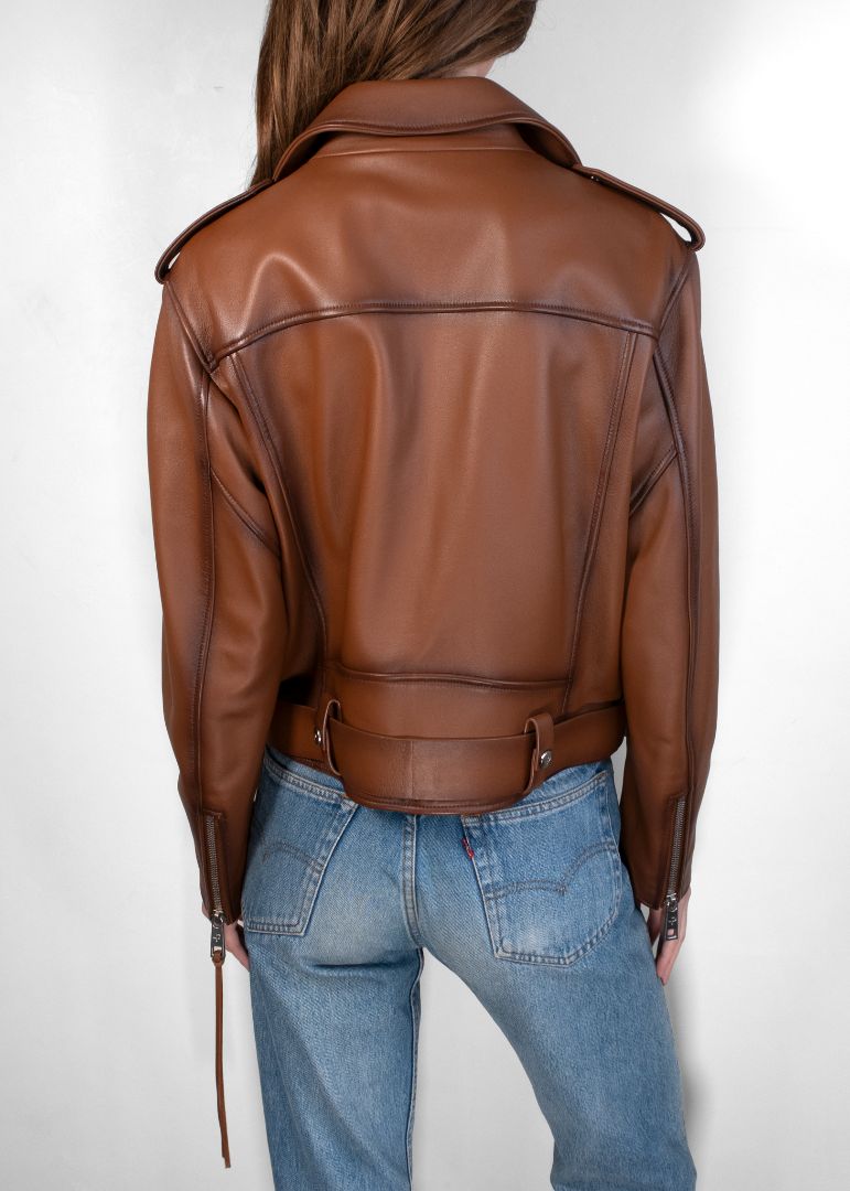 Common Leisure Distressed Brown Leather Biker Jacket