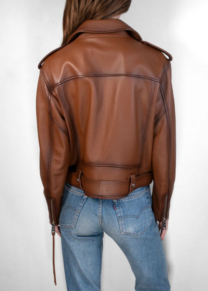 Common Leisure Distressed Brown Leather Biker Jacket