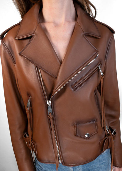 Common Leisure Distressed Brown Leather Biker Jacket