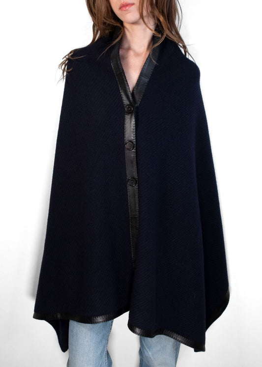 Hermes Navy Poncho With Leather Trim