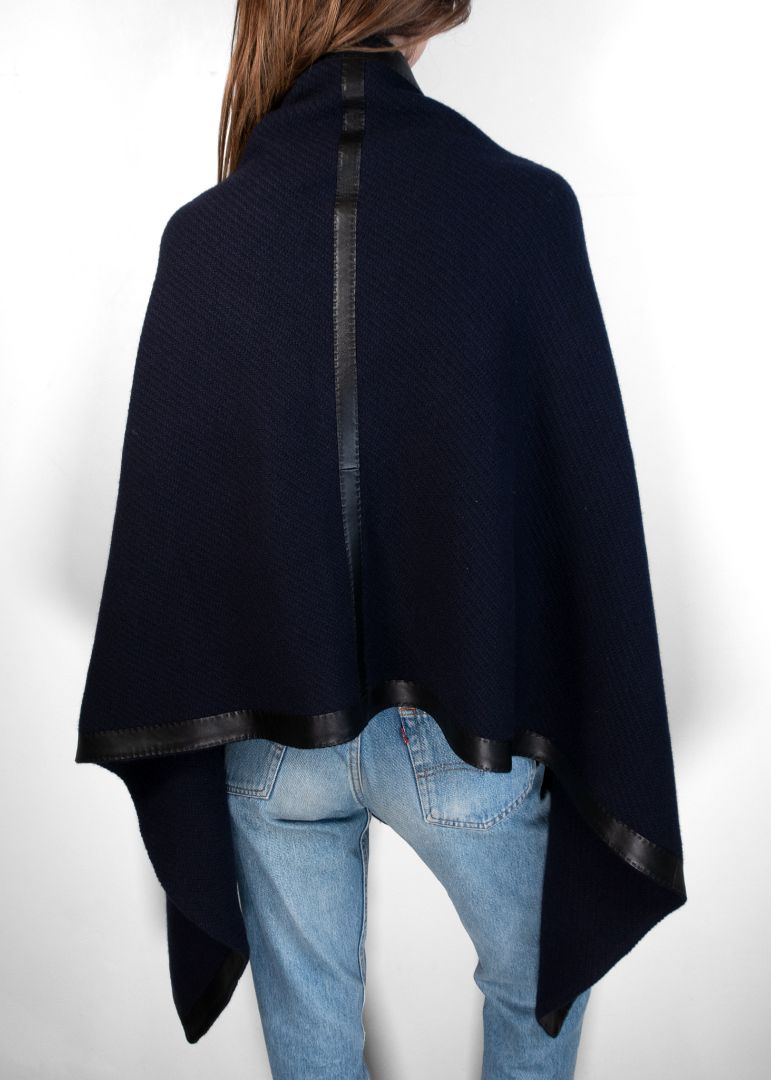 Hermes Navy Poncho With Leather Trim