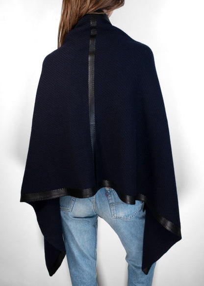Hermes Navy Poncho With Leather Trim