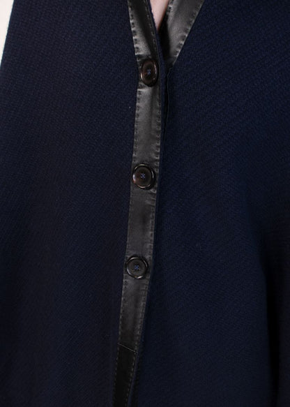 Hermes Navy Poncho With Leather Trim