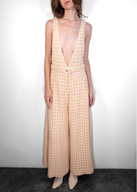 Chanel Ivory And Peach Tweed Houndstooth Jumpsuit