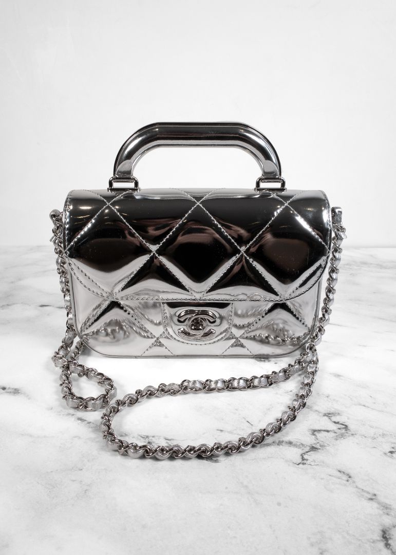 Chanel Metallic Silver Leather Small Top Handle Bag