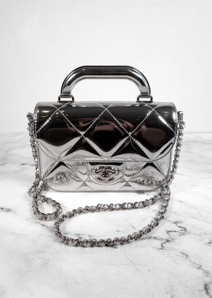 Chanel Metallic Silver Leather Small Top Handle Bag