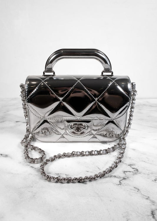 Chanel Metallic Silver Leather Small Top Handle Bag