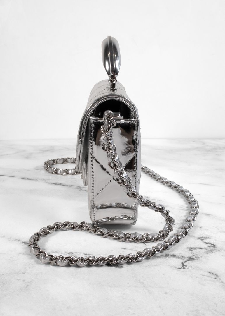 Chanel Metallic Silver Leather Small Top Handle Bag