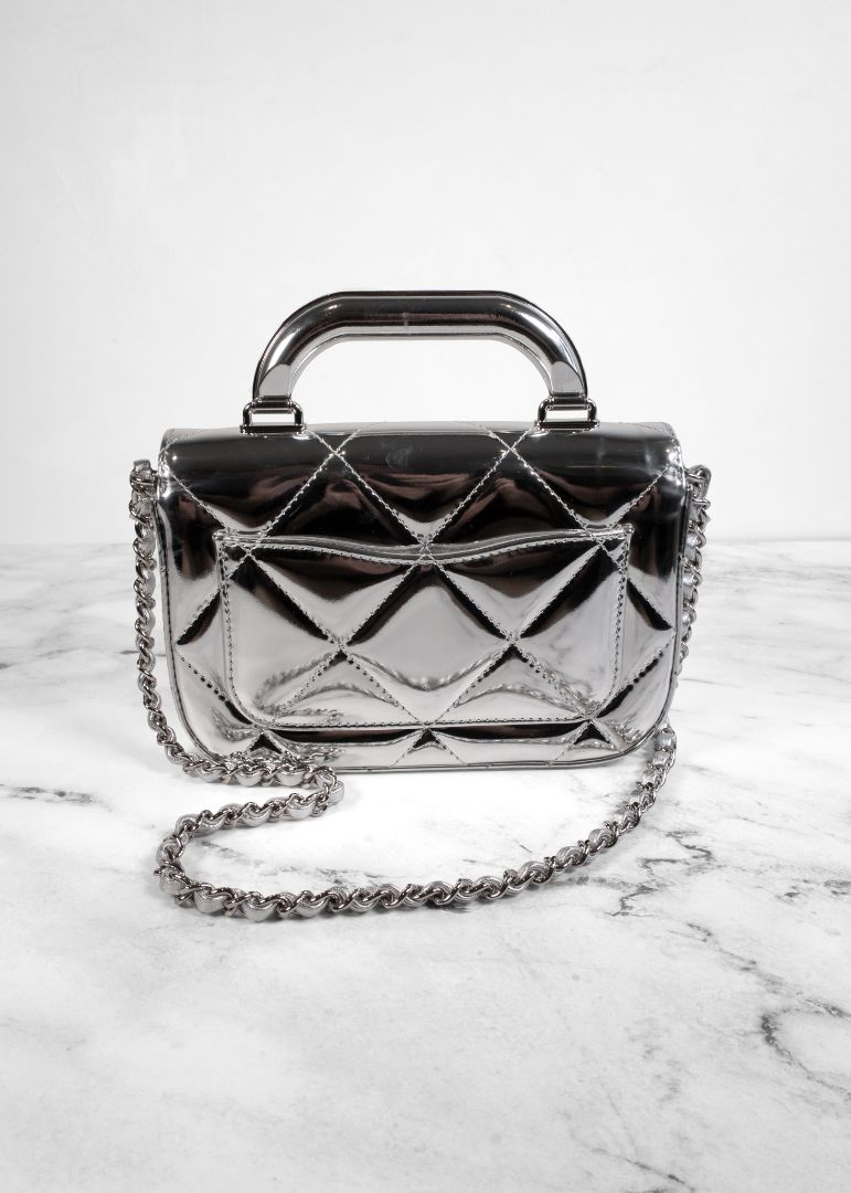 Chanel Metallic Silver Leather Small Top Handle Bag