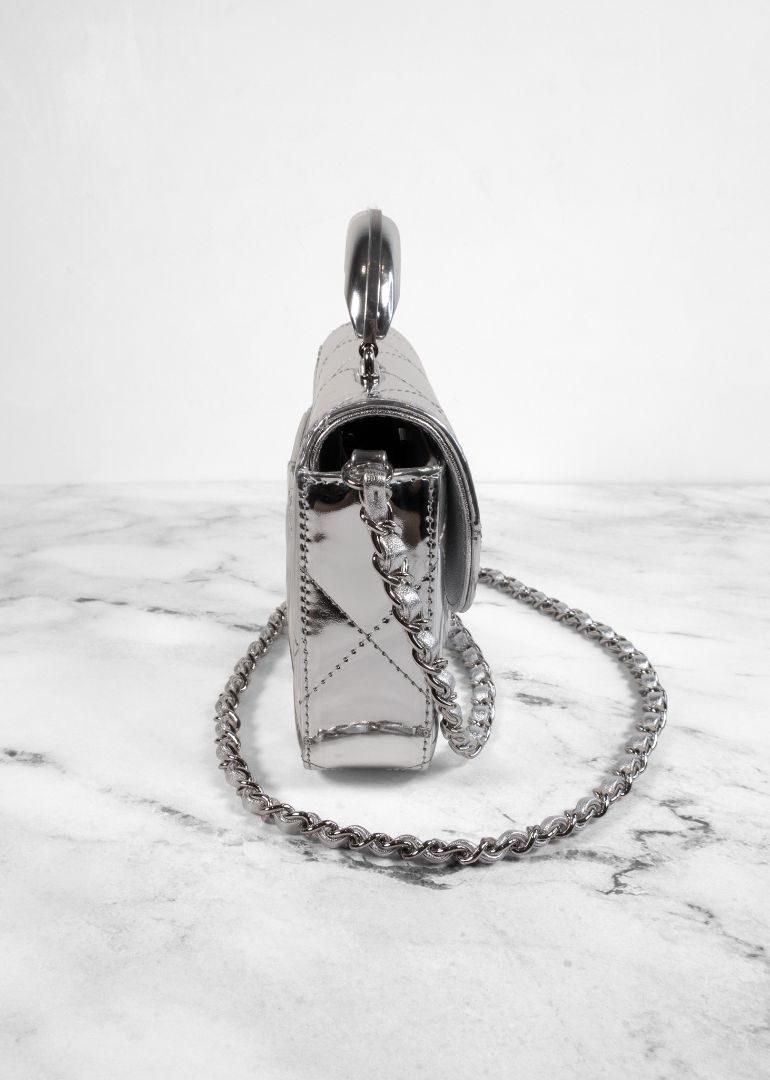 Chanel Metallic Silver Leather Small Top Handle Bag