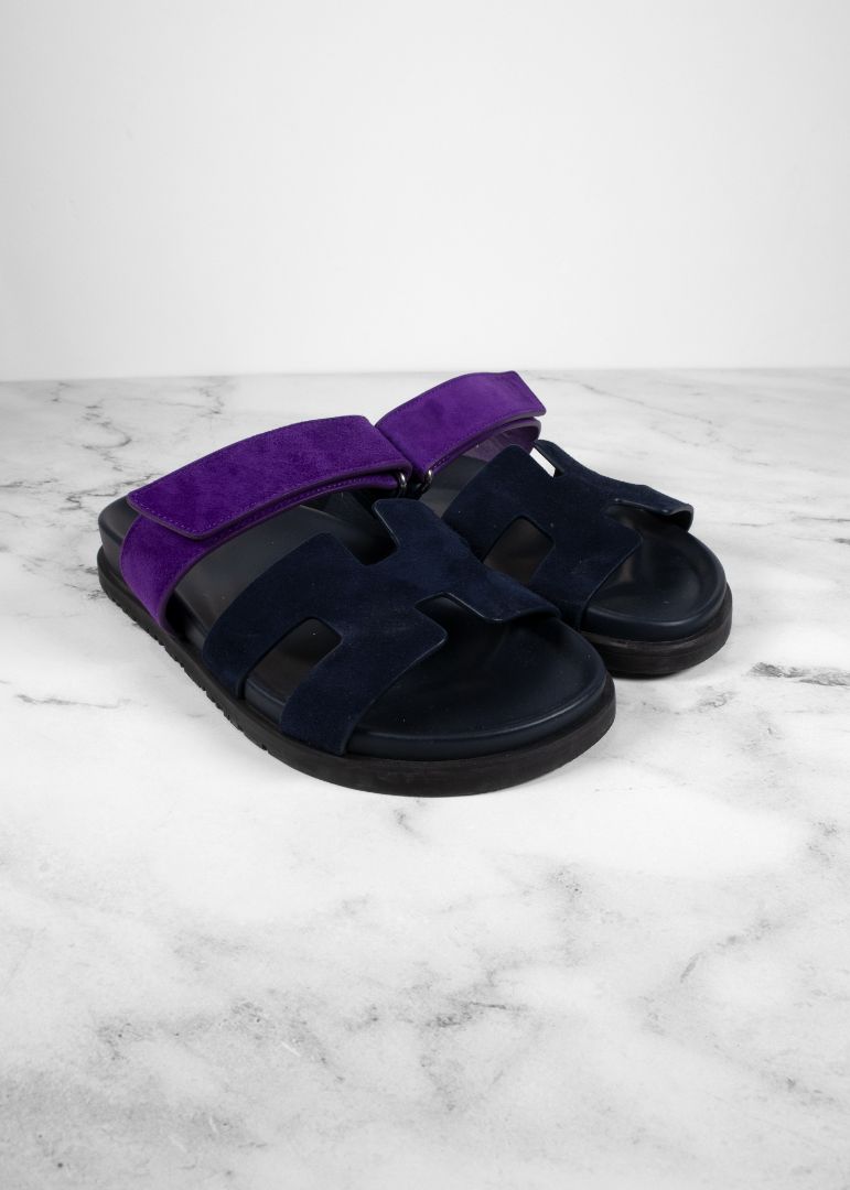 Hermes Purple/navy Suede Chypre Slides