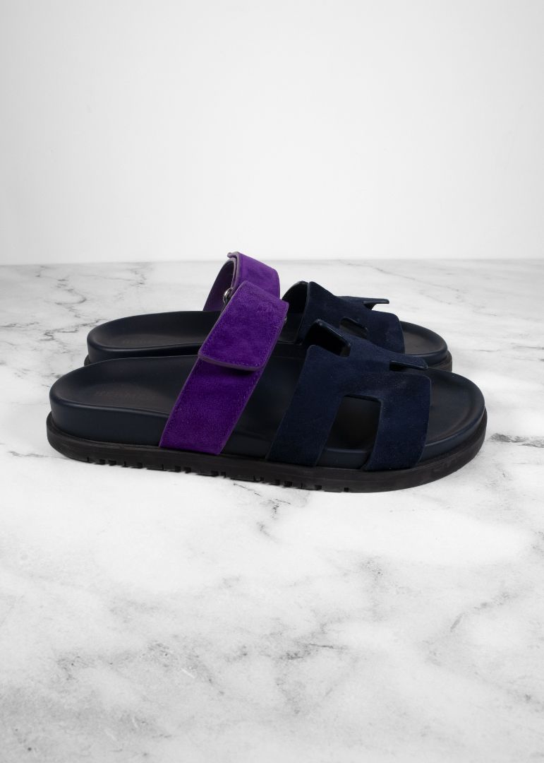Hermes Purple/navy Suede Chypre Slides