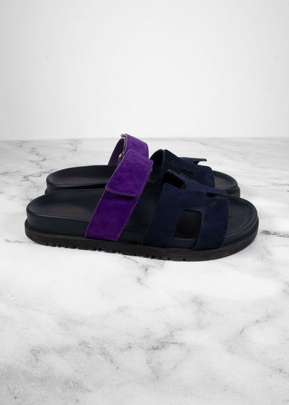 Hermes Purple/navy Suede Chypre Slides