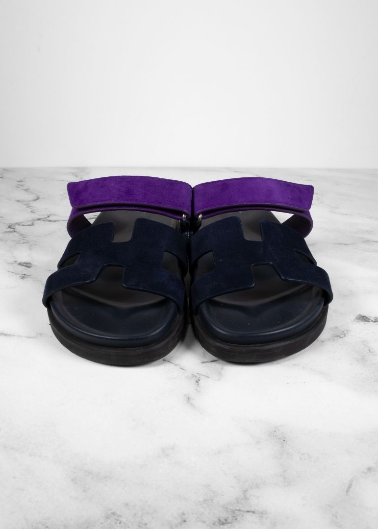 Hermes Purple/navy Suede Chypre Slides