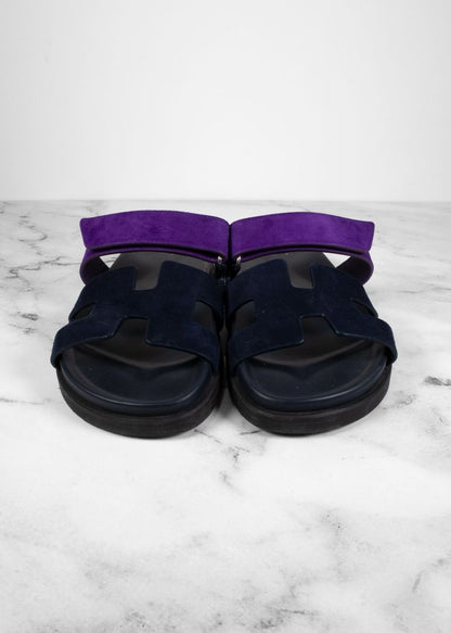 Hermes Purple/navy Suede Chypre Slides