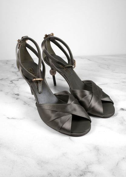 Chanel Sage Green Satin Ankle Strap Heels With Crystal Details