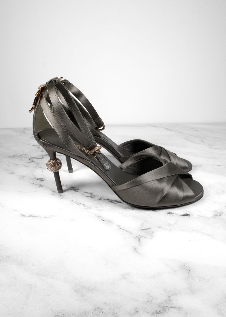 Chanel Sage Green Satin Ankle Strap Heels With Crystal Details