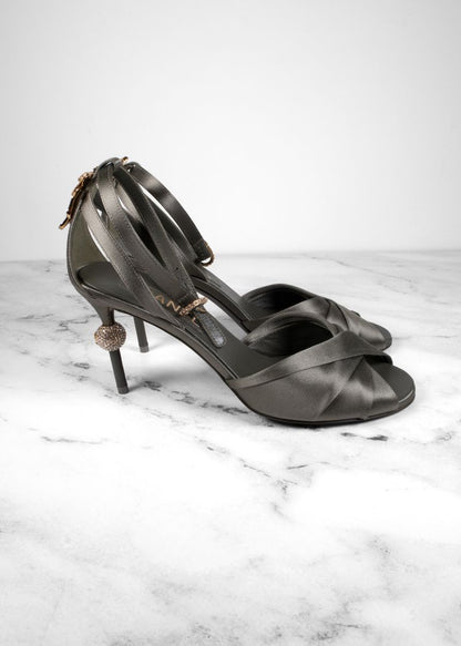 Chanel Sage Green Satin Ankle Strap Heels With Crystal Details
