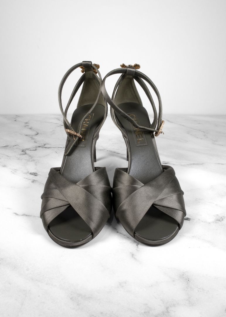 Chanel Sage Green Satin Ankle Strap Heels With Crystal Details