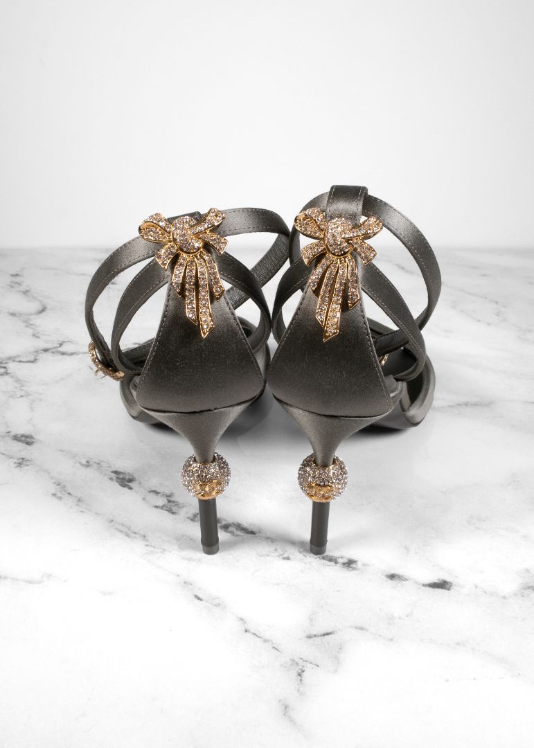 Chanel Sage Green Satin Ankle Strap Heels With Crystal Details