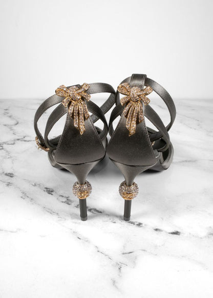 Chanel Sage Green Satin Ankle Strap Heels With Crystal Details