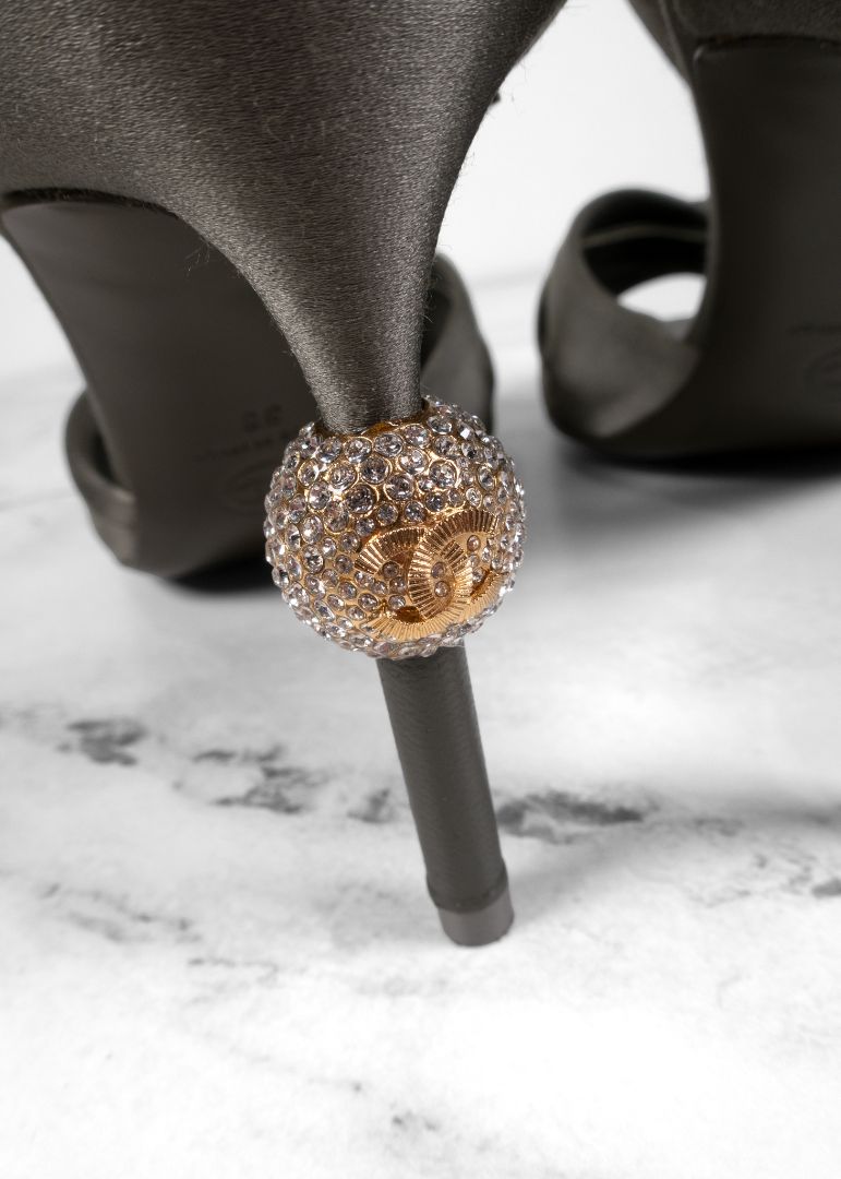 Chanel Sage Green Satin Ankle Strap Heels With Crystal Details