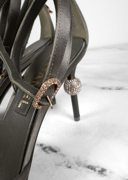 Chanel Sage Green Satin Ankle Strap Heels With Crystal Details