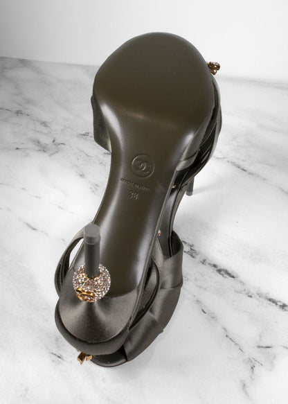 Chanel Sage Green Satin Ankle Strap Heels With Crystal Details