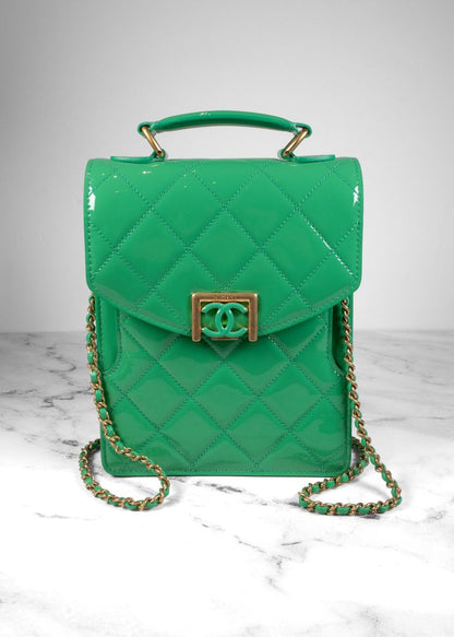 Chanel Green Patent Leather Diamond Quilted Flap Bag With Gold Hardware