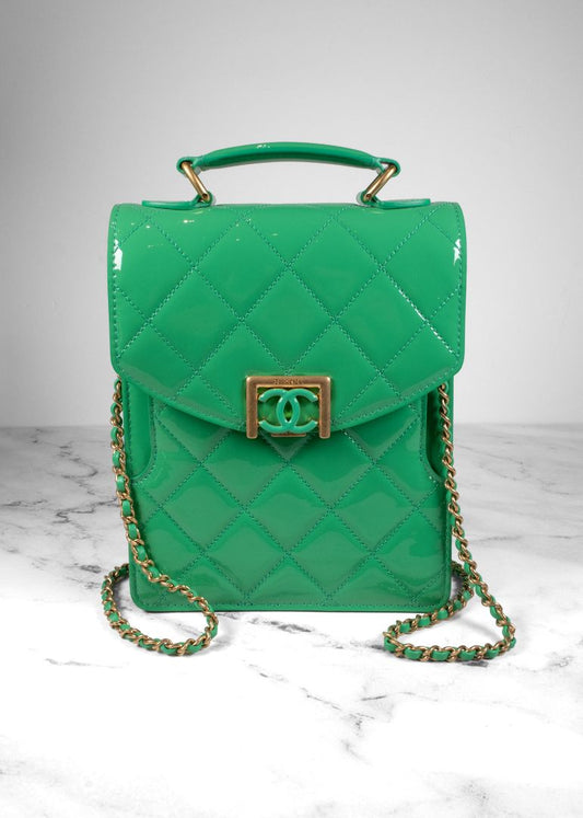 Chanel Green Patent Leather Diamond Quilted Flap Bag With Gold Hardware