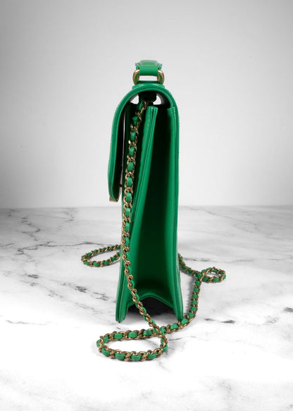 Chanel Green Patent Leather Diamond Quilted Flap Bag With Gold Hardware