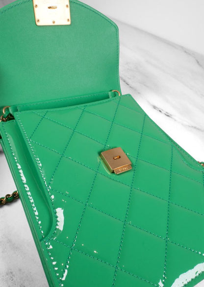 Chanel Green Patent Leather Diamond Quilted Flap Bag With Gold Hardware