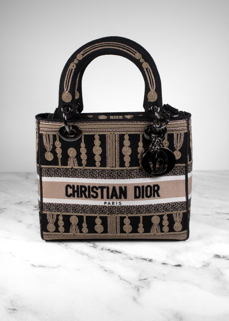 Dior Black/beige Embroidered Canvas Bag With Strap