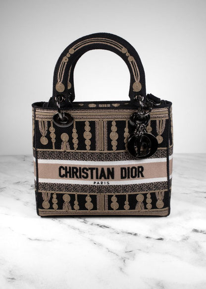 Dior Black/beige Embroidered Canvas Bag With Strap