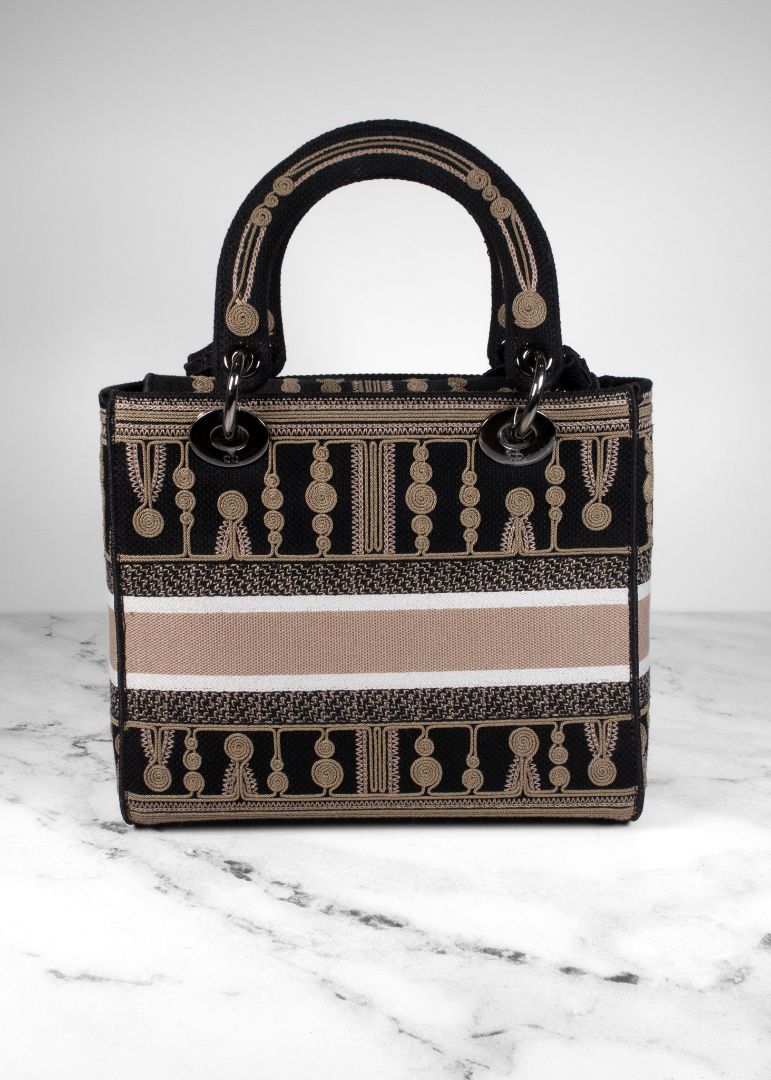 Dior Black/beige Embroidered Canvas Bag With Strap