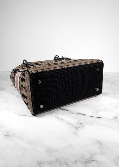 Dior Black/beige Embroidered Canvas Bag With Strap